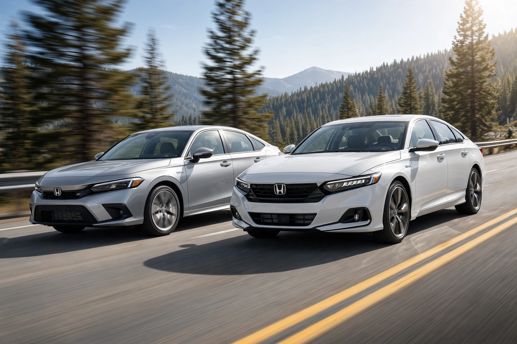 Honda Civic vs Honda Accord performance and acceleration comparison silver Civic hybrid and white Accord hybrid driving side by side on mountain highway showing hybrid powertrain fuel efficiency