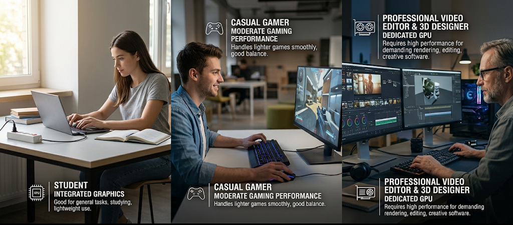 Students, gamers, and professionals choosing between integrated graphics and dedicated GPUs based on their computing needs.