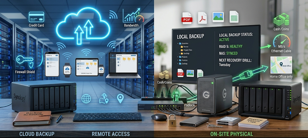 Comparison between cloud backup and local backup based on security speed cost and accessibility