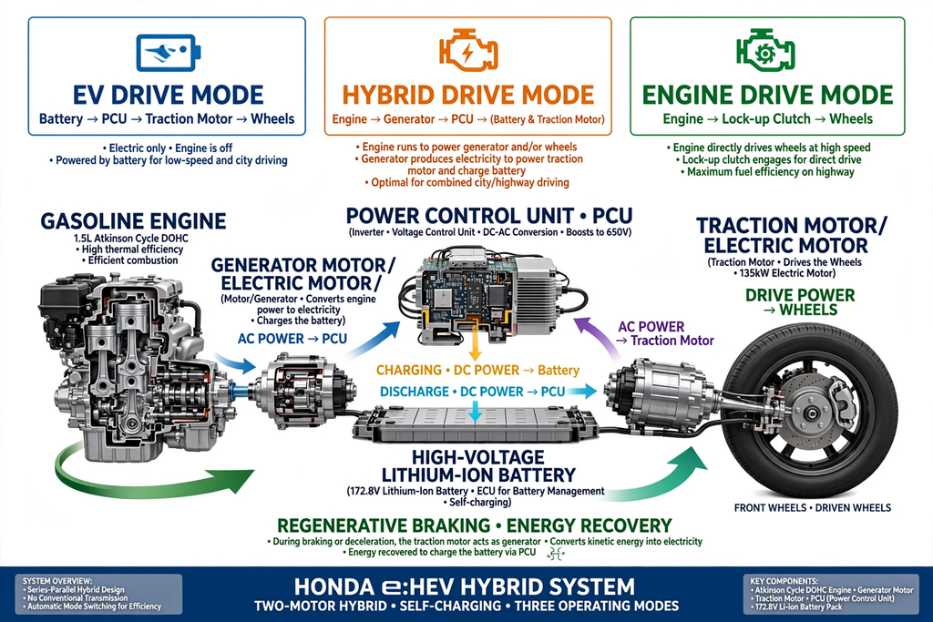 Honda eHEV hybrid system diagram EV Drive Mode Battery PCU Traction Motor Wheels Hybrid Drive Mode Engine Generator PCU Battery Engine Drive Mode Lock-up Clutch gasoline engine 1.5L generator motor power control unit traction motor high-voltage lithium-ion battery regenerative braking energy recovery
