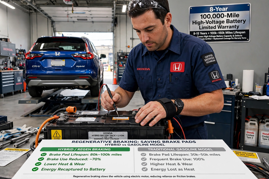 Honda technician inspecting high-voltage hybrid battery pack Li-Ion 72V warning high voltage with 8-year 100000-mile limited warranty 8-15 years 100k-150k lifespan and regenerative braking saving brake pads 80k-100k miles vs 30k-50k