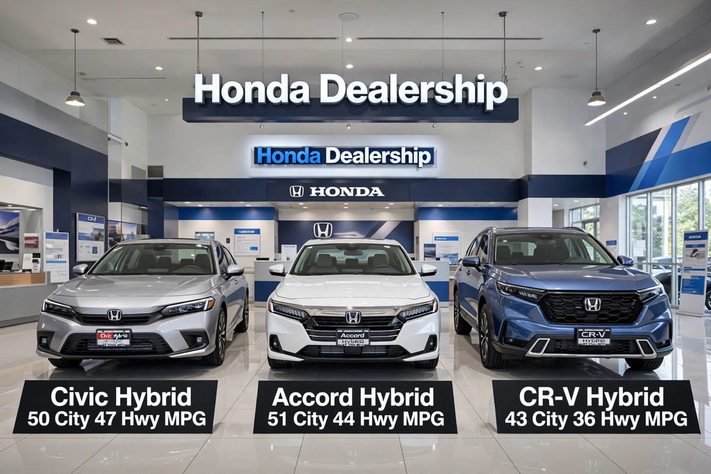 Honda MPG chart most fuel efficient hybrids front shot equally Civic Hybrid 50 City 47 Hwy MPG Accord Hybrid 51 City 44 Hwy MPG CR-V Hybrid 43 City 36 Hwy MPG dealership