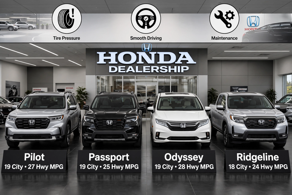 Honda Pilot Passport Odyssey Ridgeline fuel economy front shot equally 19 City 27 Hwy 19 City 25 Hwy 19 City 28 Hwy 18 City 24 Hwy MPG with tips tire pressure smooth driving maintenance