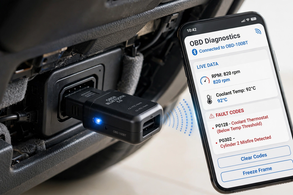 OBD-II Bluetooth 5.0 adapter plugged under dashboard connected to phone OBD Diagnostics 820 RPM 92C P0128 P0302