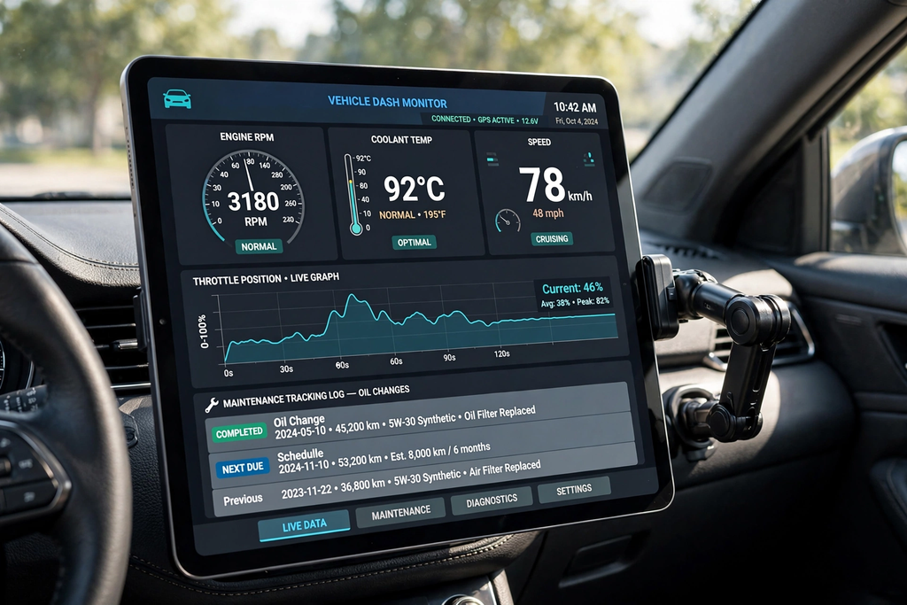  Vehicle dash monitor tablet 3180 RPM 92C 78 km/h throttle live graph maintenance tracking log oil change