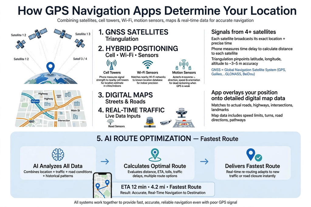 GPS Navigation Apps how determine location GNSS satellites hybrid positioning digital maps traffic