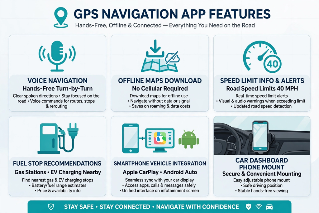 GPS Navigation Apps voice navigation offline maps speed limit fuel stop CarPlay Android Auto
