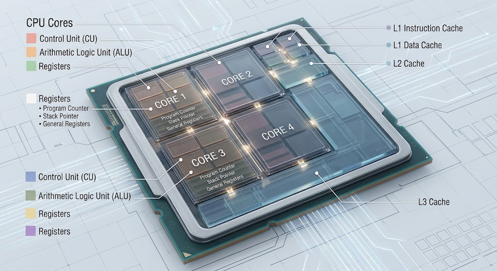 Illustration showing CPU internal architecture with control unit, ALU, registers, and cache memory