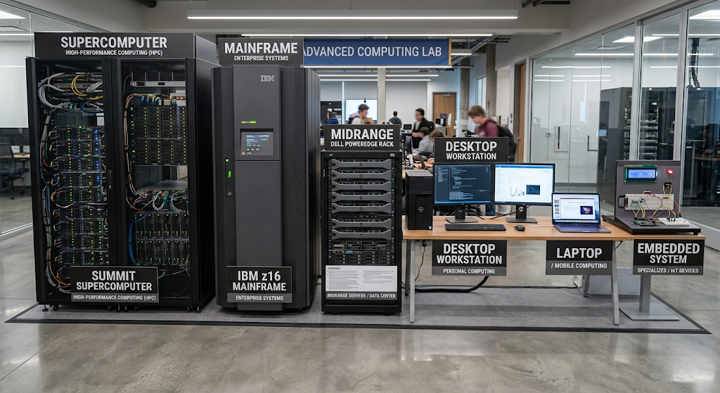 Types of computers classification showing supercomputers, mainframes, minicomputers, microcomputers, and embedded systems