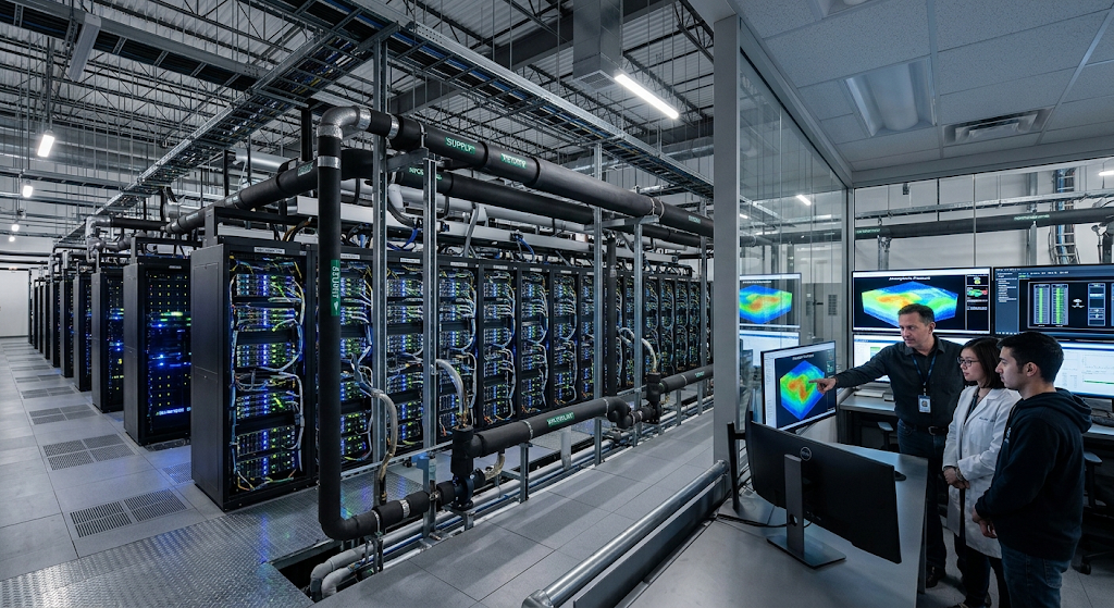 Modern supercomputer data center with high-performance computing servers and advanced cooling systems
