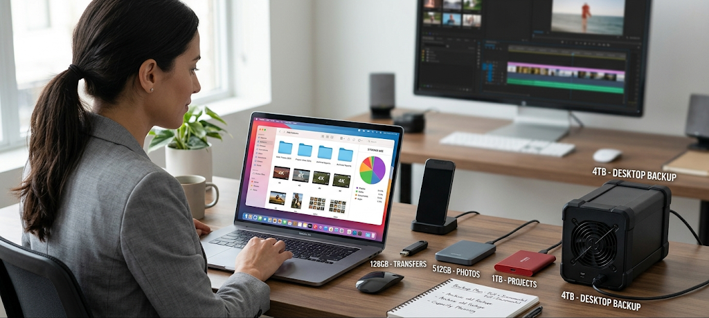 External hard drives with different storage capacities for long-term digital data archiving.