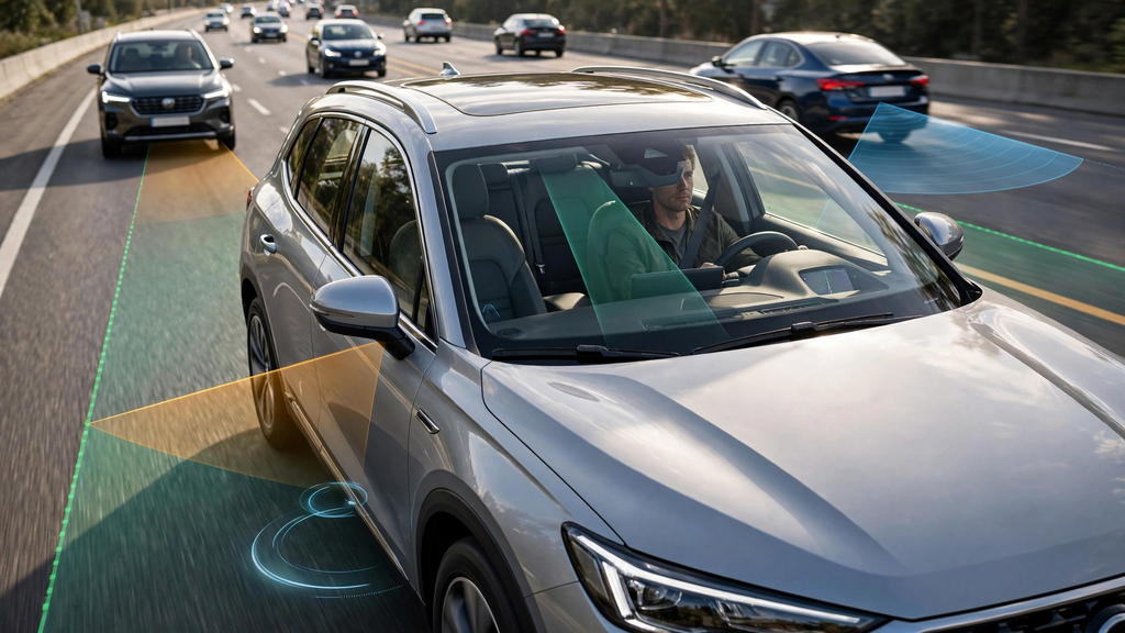 How Advanced Driver Assistance Systems (ADAS) Technology Works in Modern Cars 2
ADAS technology using cameras and radar for lane keeping and adaptive cruise control