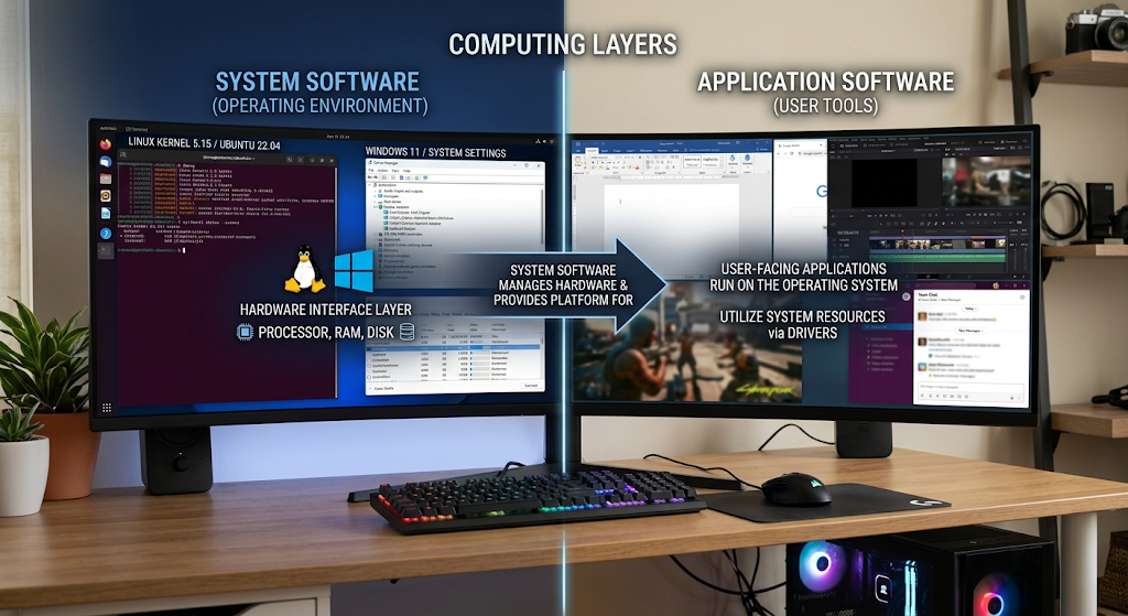 A comparison between system software examples and application software examples on a computer.