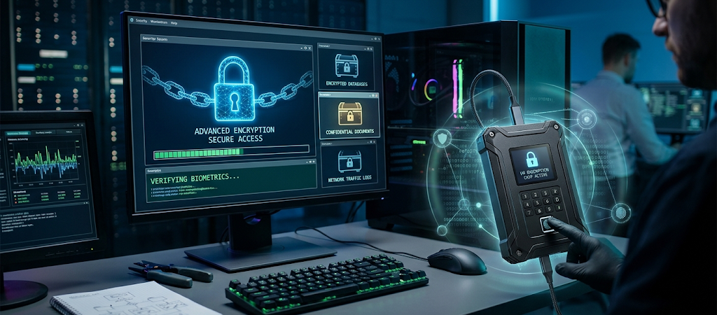 Encrypted external hard drive with digital security protection for private backup files.