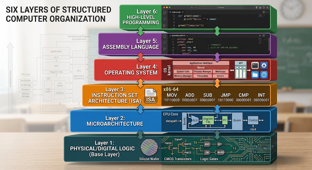 Diagram of Tanenbaum’s six layers of structured computer organization from digital logic to high-level language
