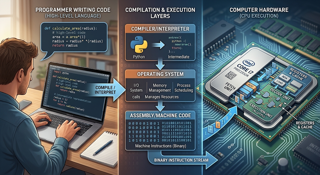 How high-level programming languages communicate with computer hardware through operating system and processor layers