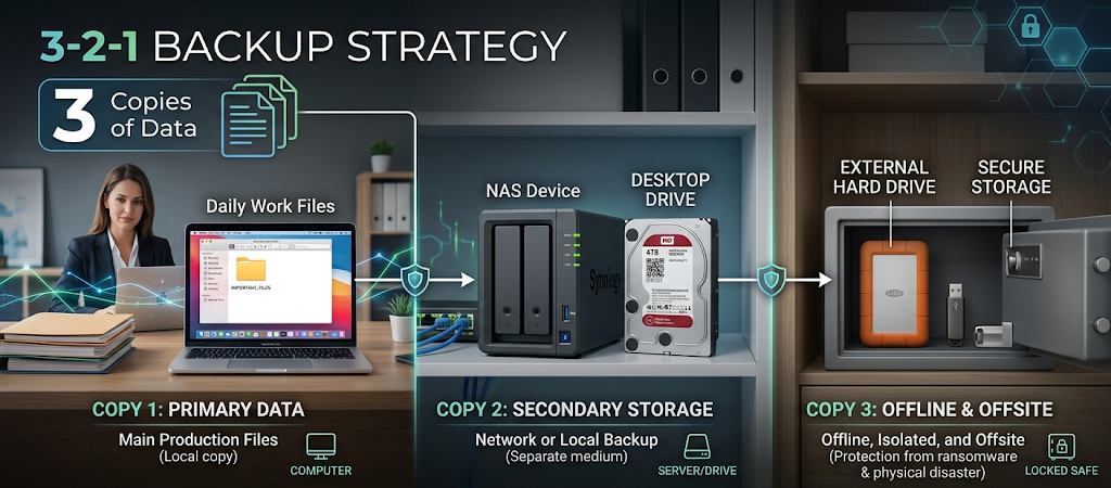 3-2-1 backup strategy showing multiple copies of data stored on different devices.