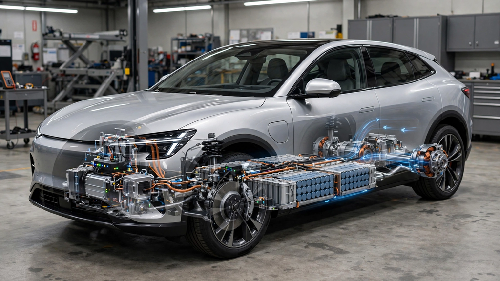 EV technology showing an electric car battery electric motor and power electronics