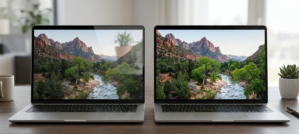 Full HD and 4K laptop displays compared showing differences in image detail and sharpness