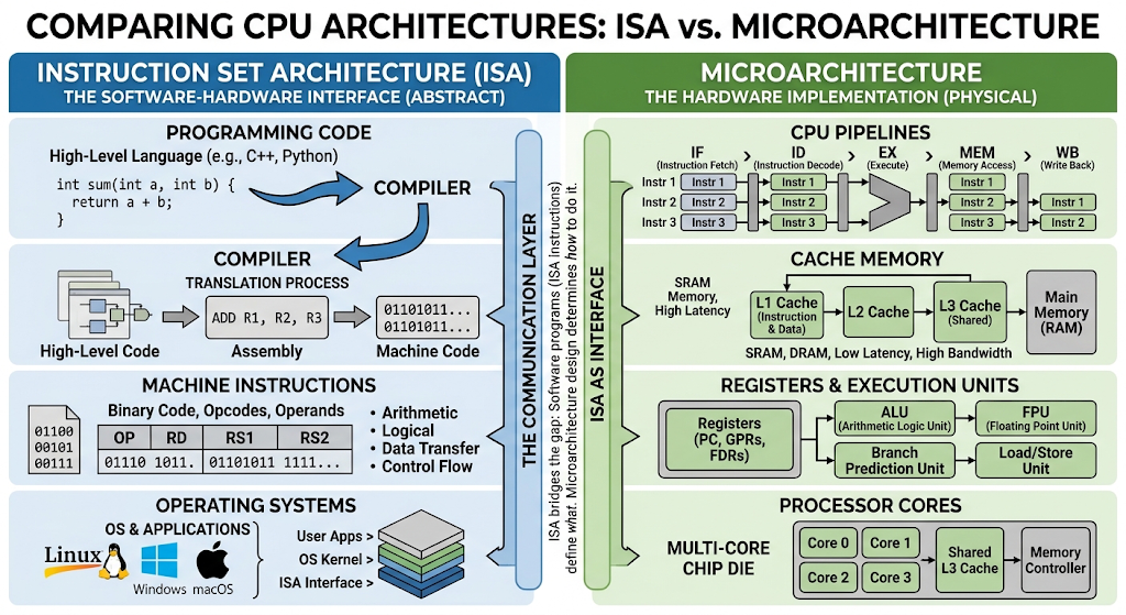 Comparison diagram explaining the difference between ISA and microarchitecture in computer processors