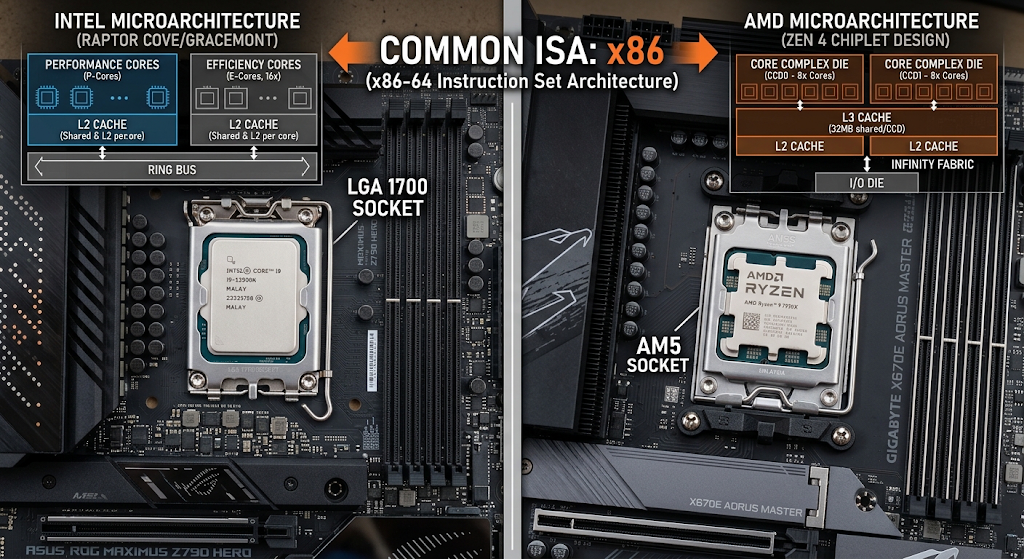 Intel and AMD processors using the same x86 ISA with different microarchitecture designs