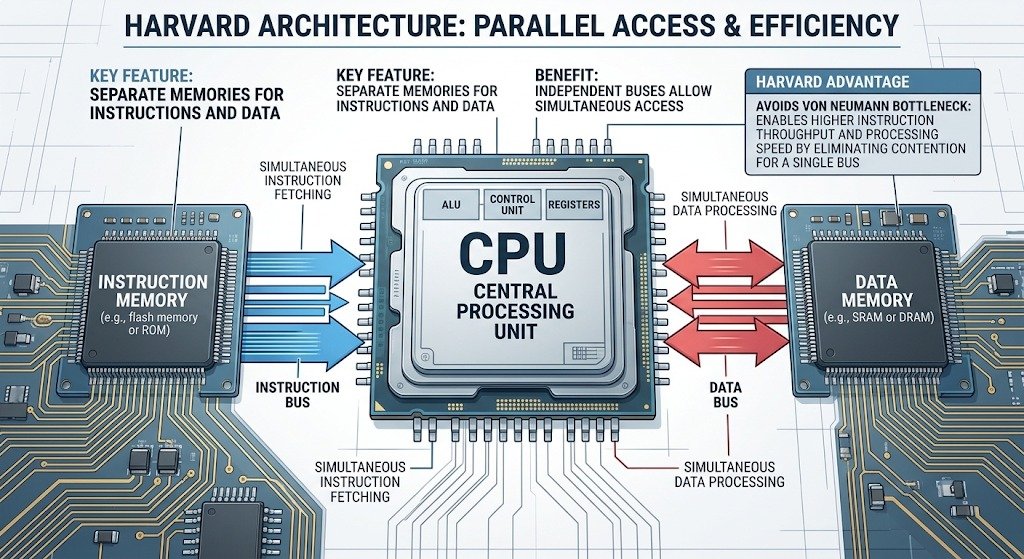 Von Neumann vs Harvard Architecture: Complete Comparison with Diagrams 4 Harvard architecture showing separate instruction memory and data memory connected to the CPU through independent buses.