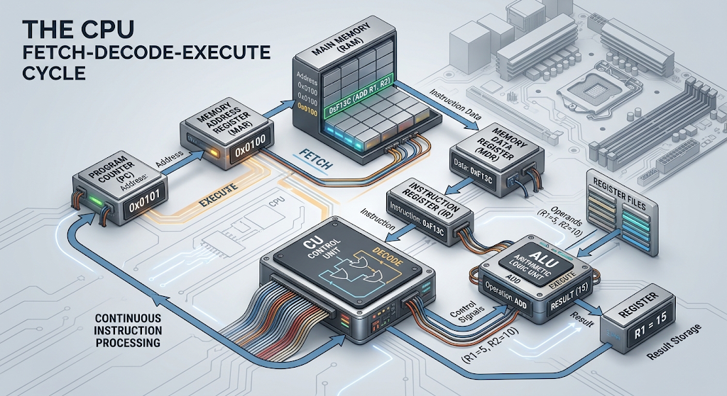 Fetch decode execute cycle diagram showing CPU instruction flow through PC MAR MDR IR and ALU