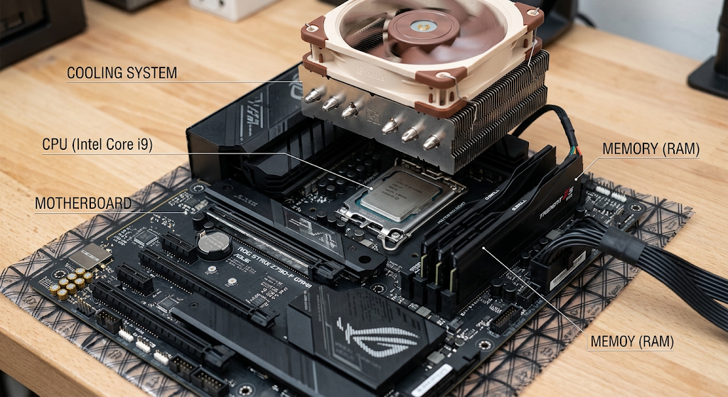 Modern CPU processor installed on a motherboard with RAM and computer hardware components visible