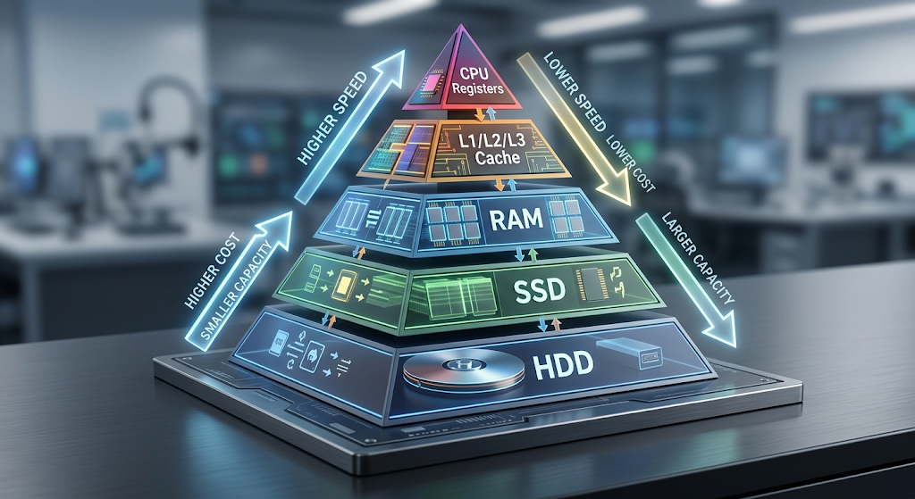 Memory hierarchy pyramid showing the relationship between computer memory speed, capacity, and cost from registers to secondary storage.