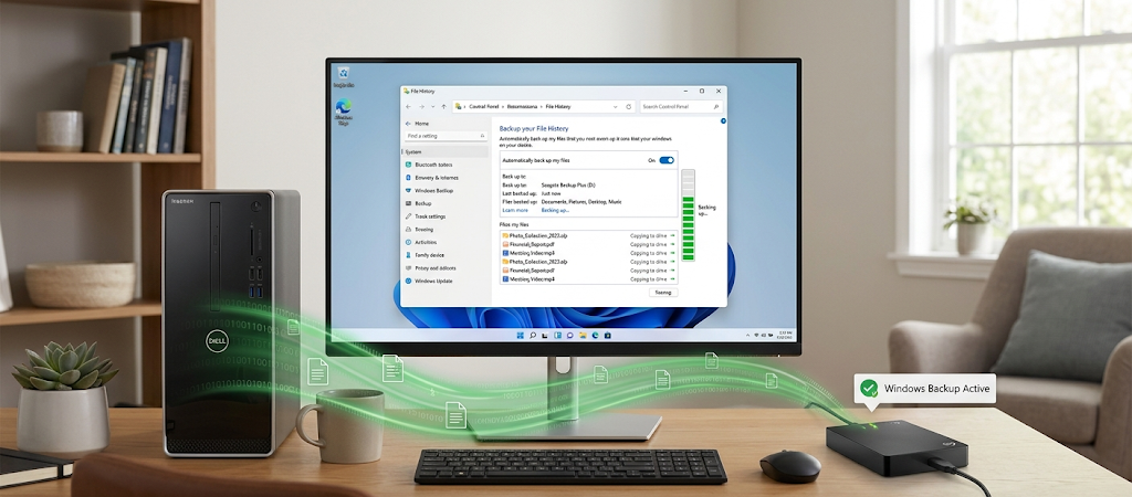 Windows File History automatically backing up files to an external hard drive.