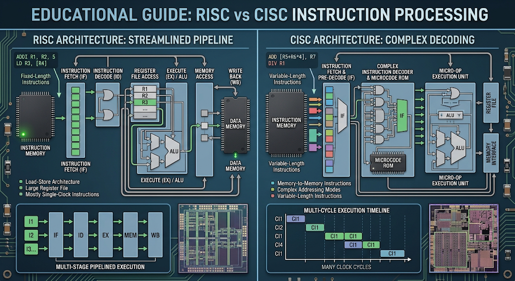 Diagram comparing RISC and CISC instruction sets, showing fixed-length simple instructions versus complex variable-length instructions.