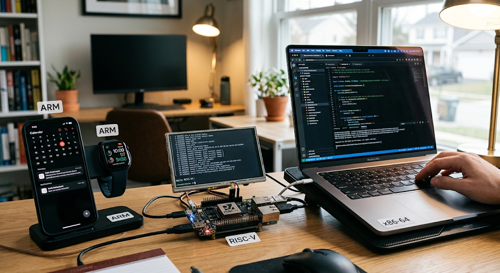 Real-world applications of ARM, RISC-V, and x86 processors in smartphones, embedded systems, laptops, and desktop computers.