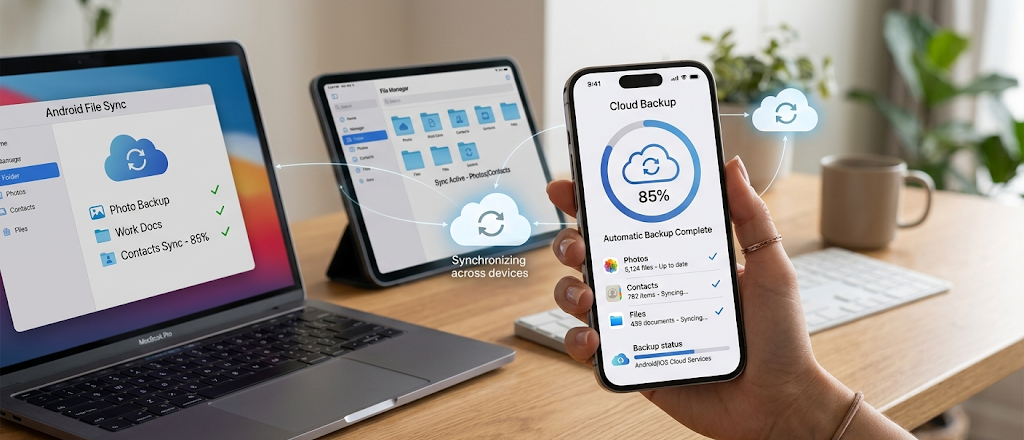 Smartphone automatically backing up photos, contacts, and files to cloud storage.