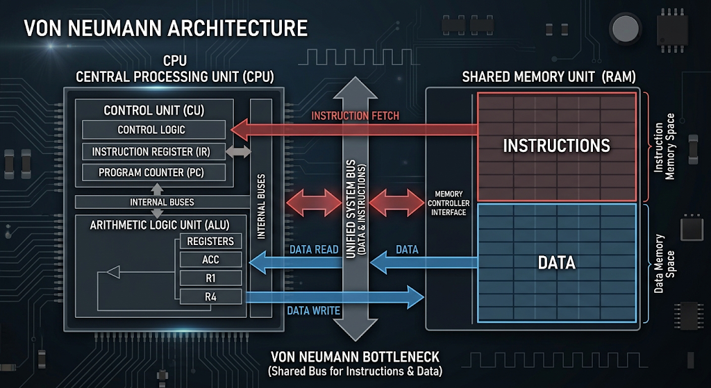Von Neumann vs Harvard Architecture: Complete Comparison with Diagrams 3 Von Neumann architecture diagram showing shared memory used for storing both instructions and data connected to the CPU.