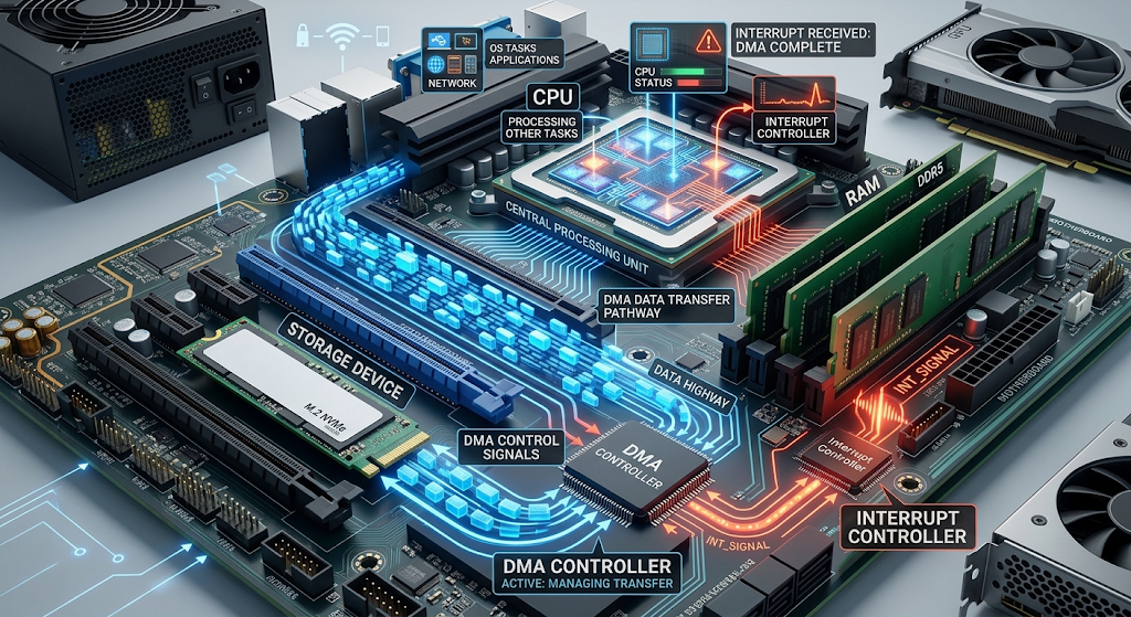 DMA controller transferring data between storage and memory while an interrupt signal notifies the CPU.