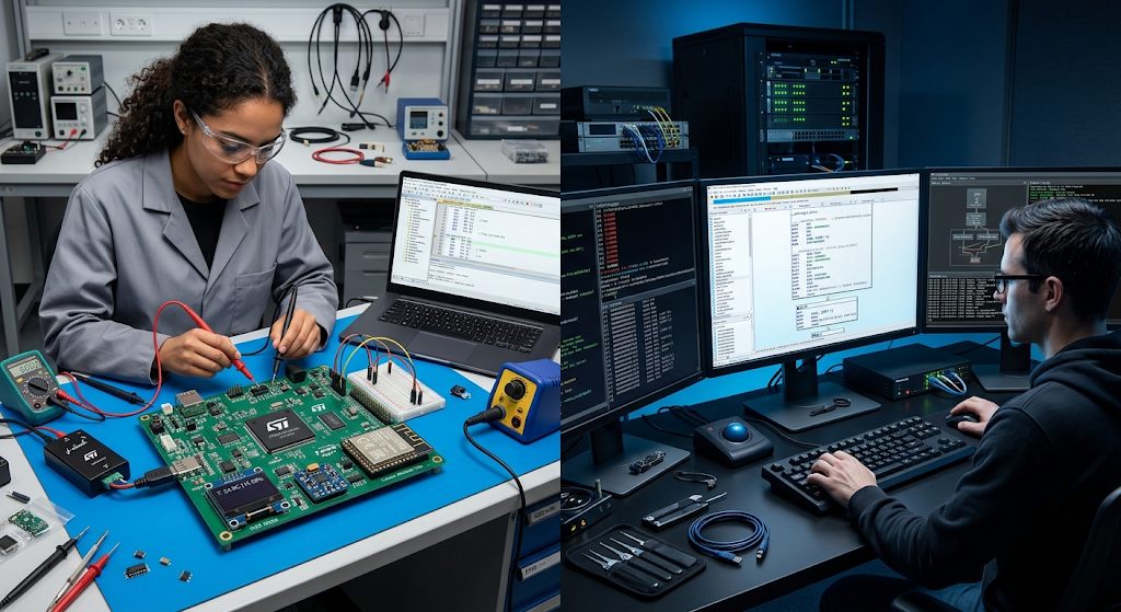 Engineer using assembly language for embedded systems and cybersecurity reverse engineering analysis