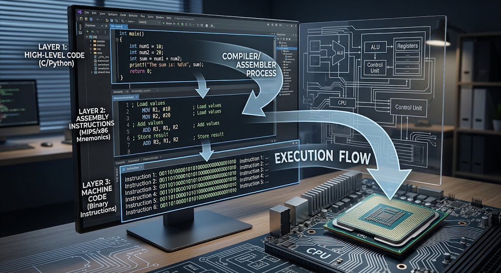 Visual comparison of high-level programming code, assembly language instructions, and machine code execution