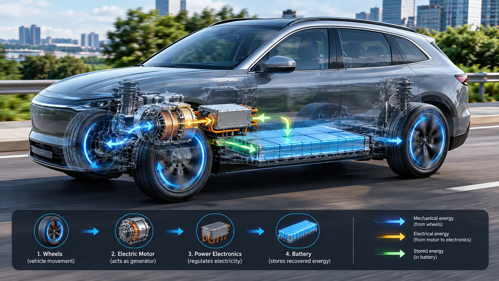 
How regenerative braking transfers energy from the wheels through the electric motor to the battery