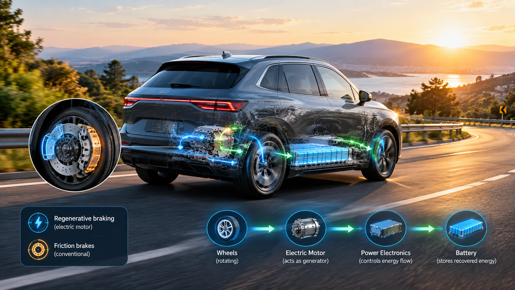 
Electric vehicle using regenerative braking to recover energy during deceleration