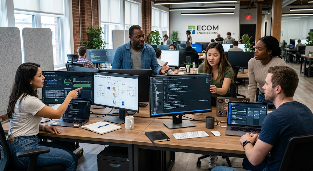 Software engineering professionals collaborating on software projects and technology solutions