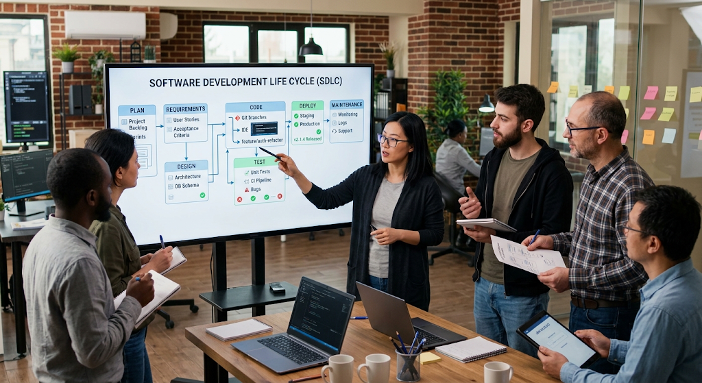 Software development team analyzing the software development life cycle process from planning to maintenance