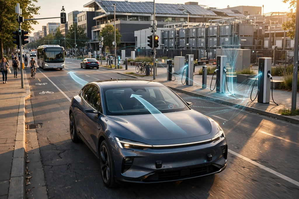 Future Automotive Technology connecting electric vehicles, smart roads, charging, and transportation networks