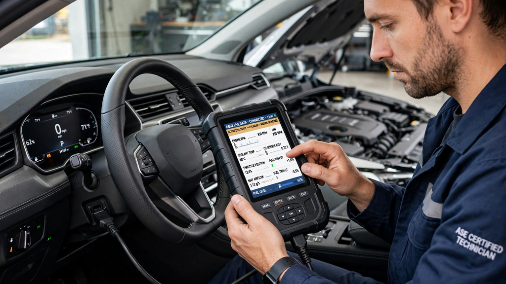 OBD2 scanner showing live vehicle sensor data during car diagnosis