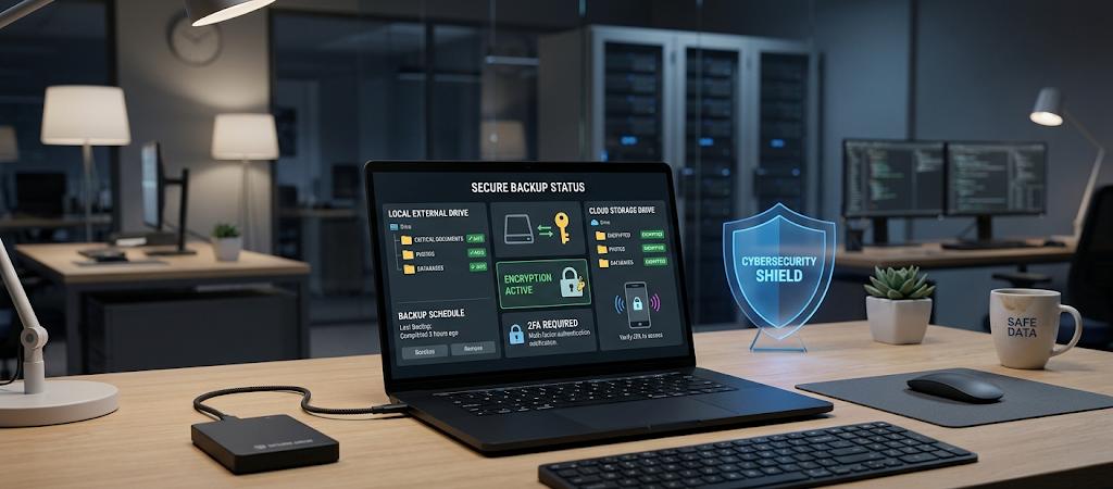 Secure ransomware prevention setup showing backups, cloud storage, encryption protection, and cybersecurity tools.