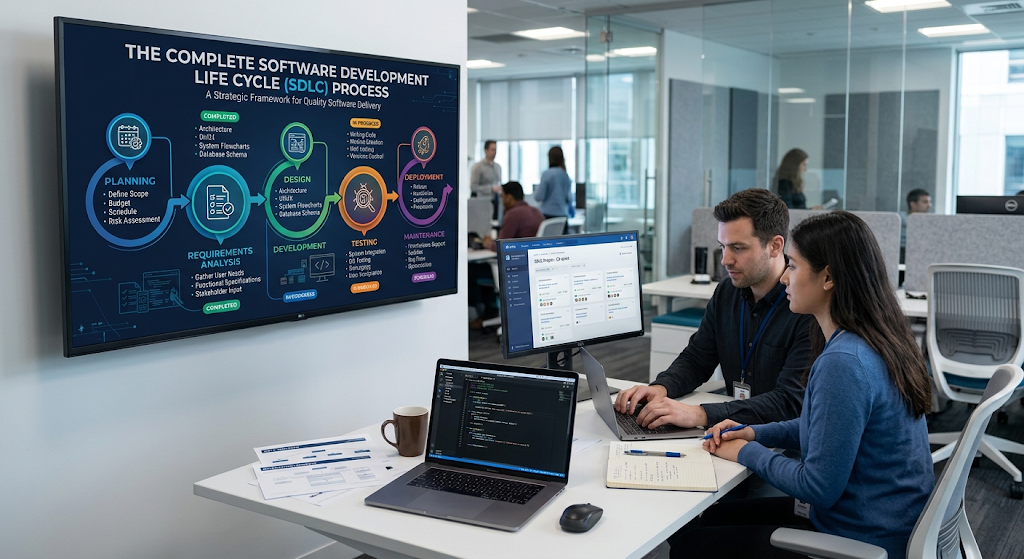 Software Development Life Cycle process showing planning, requirements analysis, design, development, testing, deployment, and maintenance phases.
