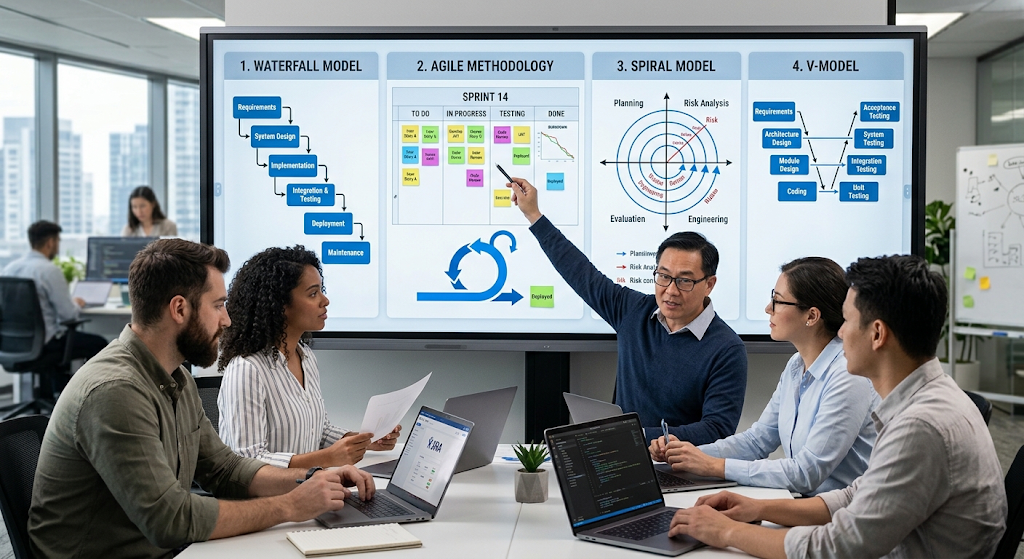 Comparison of Waterfall, Agile, Spiral, and V-Model software development life cycle methodologies.