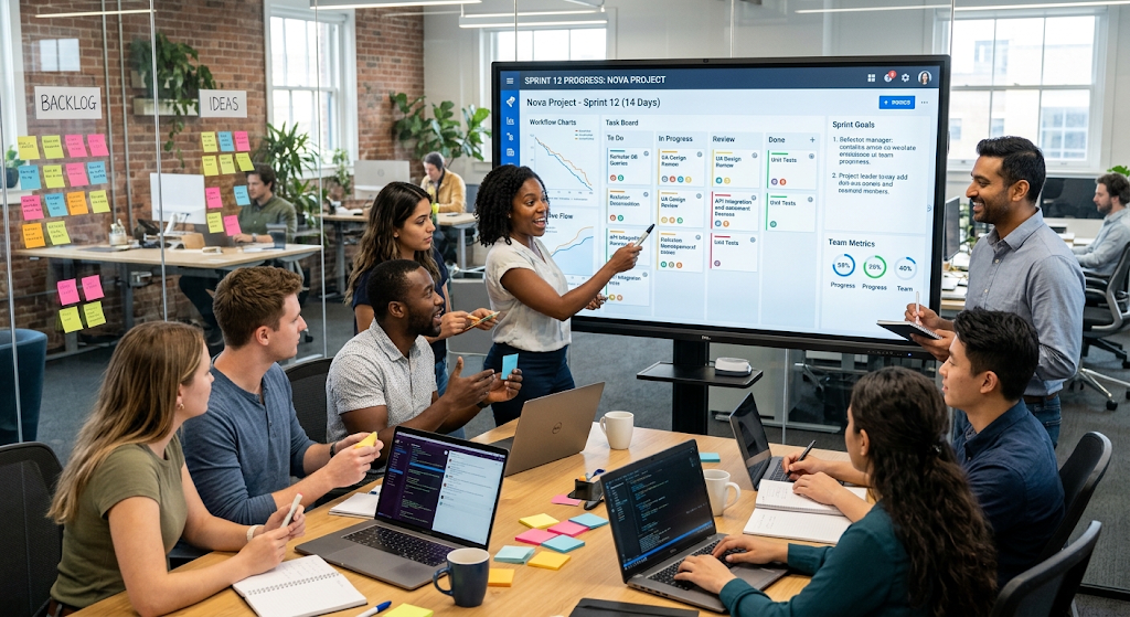 Agile software development team collaborating during project planning with workflow charts and sprint tasks on a digital board.