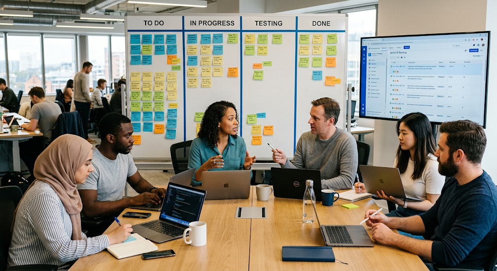 Software developers using a Kanban board during Scrum sprint planning to manage Agile development tasks.