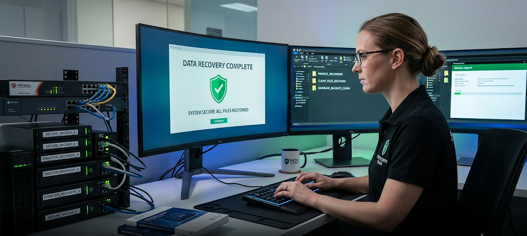 Cybersecurity expert restoring clean backup files after a ransomware attack recovery process.