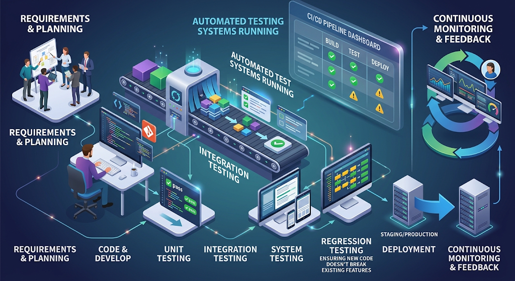 Software testing lifecycle showing development, automated testing, integration, deployment, and continuous monitoring stages